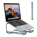 Aluminium alloy folding laptop docking station stand with 8 ports including HDMI, showing 24.75cm width and collapsed position