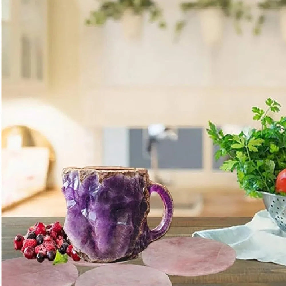 Resin mineral crystal coffee mug with 400ml capacity and 3D crystal structure in purple colour