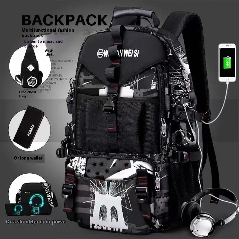 Men's waterproof Oxford cloth hiking backpack with 56-75 litre capacity and air pillow belt system in black colour