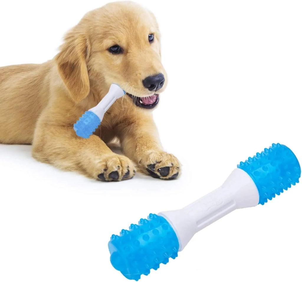 Dual-colour puppy teething chew toy with dual-hardness PU rubber for dental health and teething relief