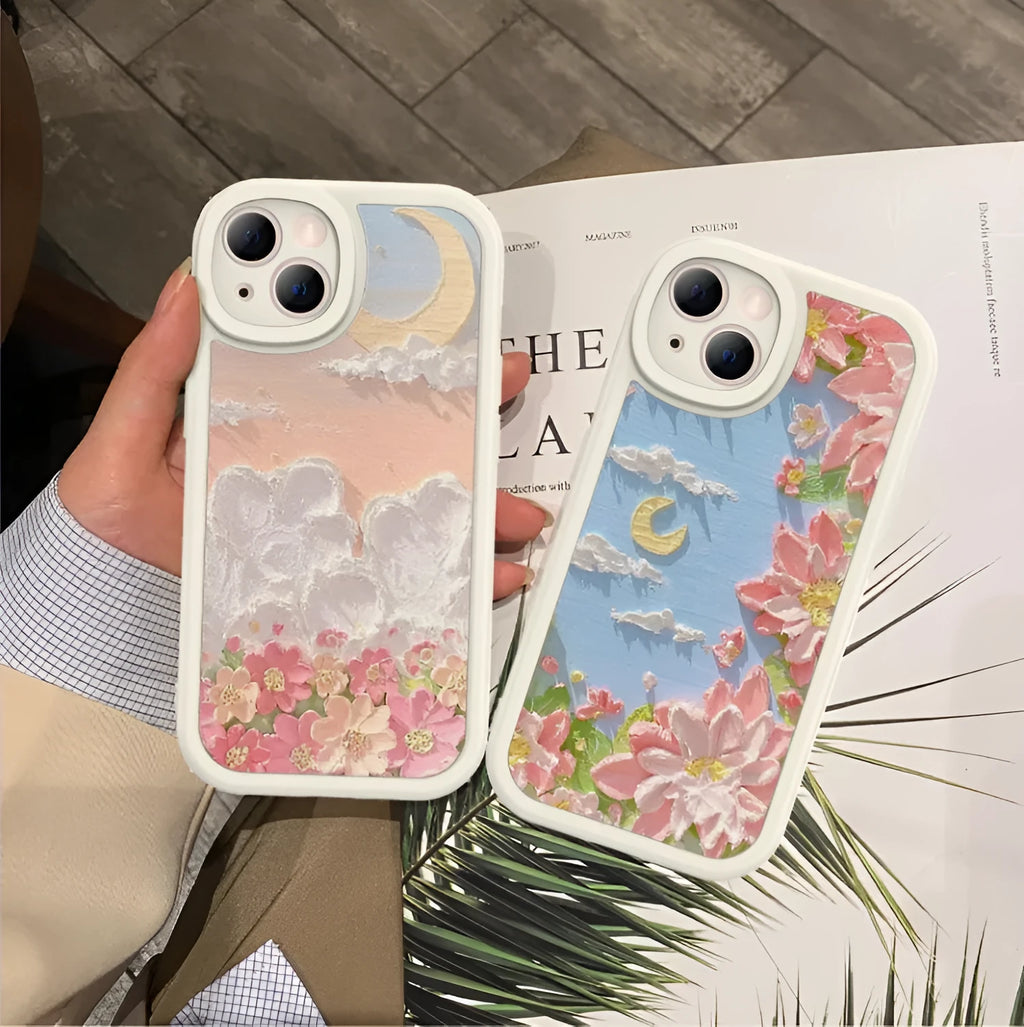 Oil painting flower silicone phone case for iPhone 13 12 11 in Moon Flower Pink Purple Verdant Clouds