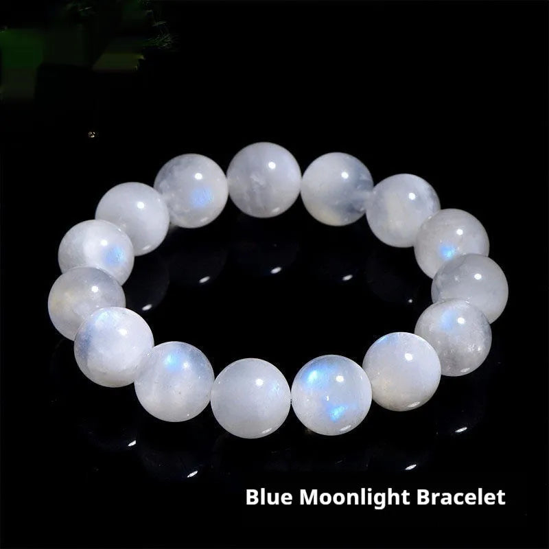 Natural blue moonlight round bead bracelet in white with polished moonstone beads, showing geometry shape and size range from 5 to 10mm