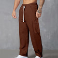 Men's navy blue corduroy trousers with straight-leg design and adjustable drawstring waist