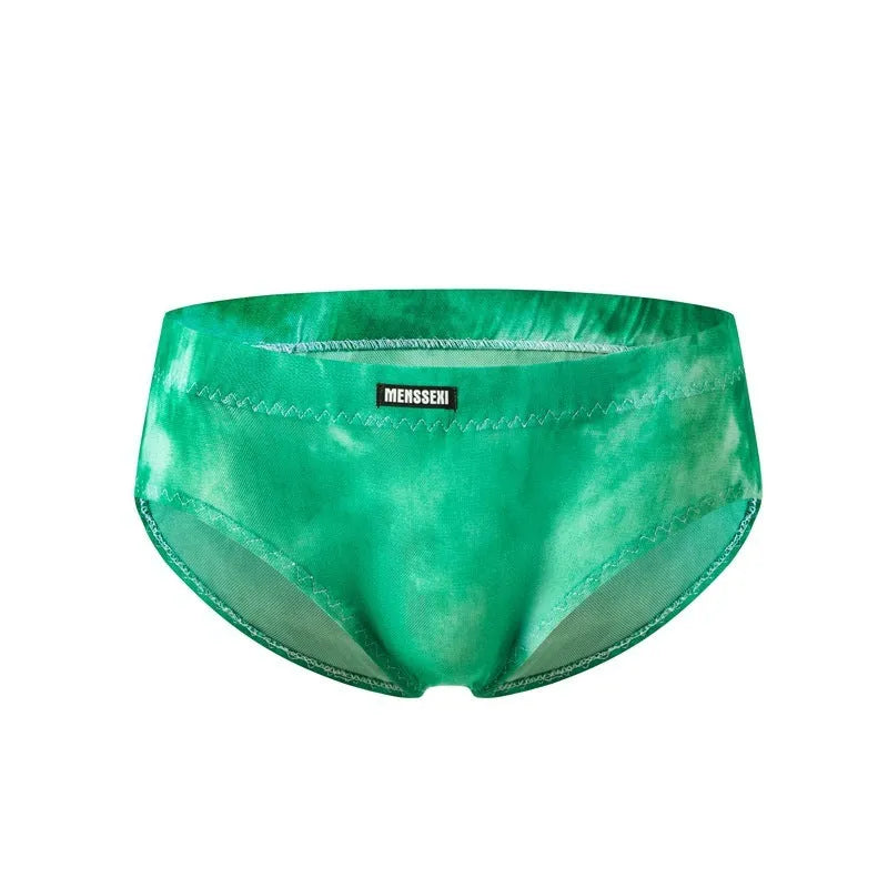 Men's printed low-waist briefs in lightweight polyester fabric showing multiple colour and pattern options
