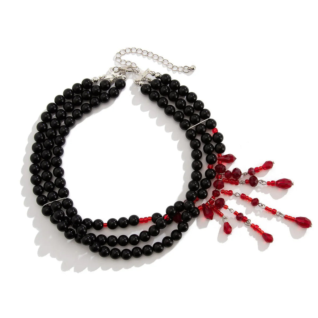 Halloween blood drop tassel necklace with artificial crystal pendant and imitation pearl accents on adjustable chain