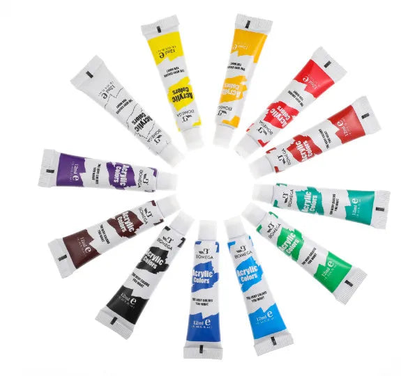 12-colour artist pigment set with tubes for acrylic, gouache, watercolour, oil painting, glass, and textile applications showing 6ml and 12ml size options