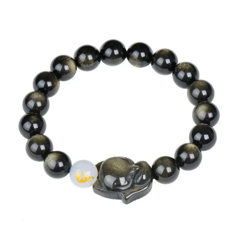 Natural obsidian zodiac bracelet with 10mm beads in gold, silver, or pure stone styles