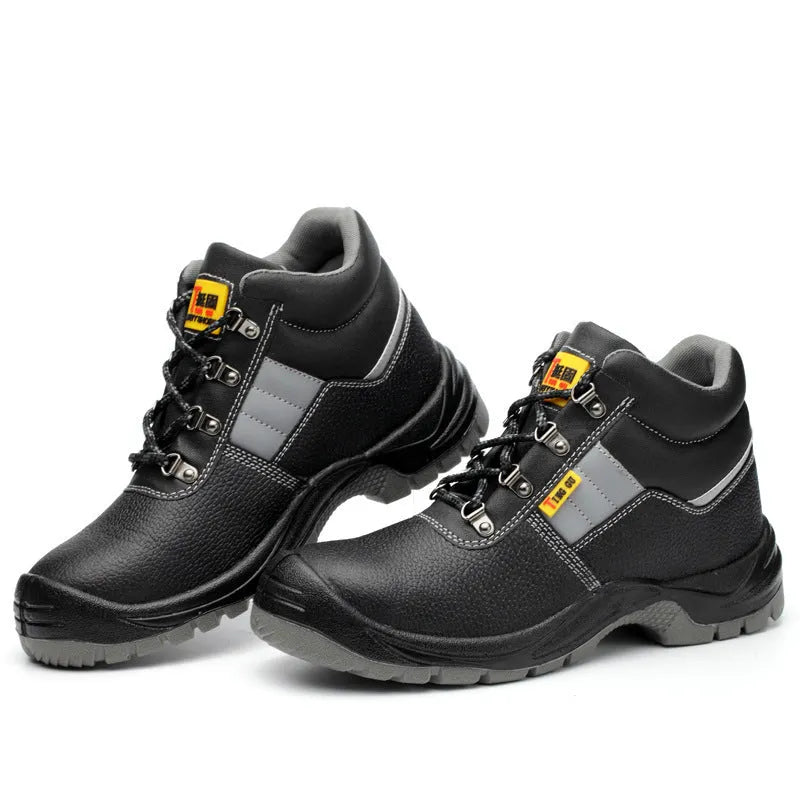 Black high-top safety shoes with steel toe cap and non-slip polyurethane sole, sizes 36-46