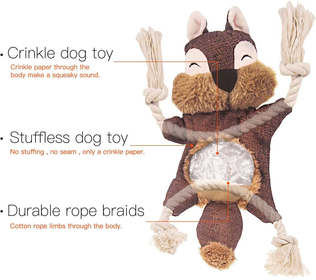 Brown fox dog toy with embroidered eyes, cotton rope arms and legs, and stuffless plush body