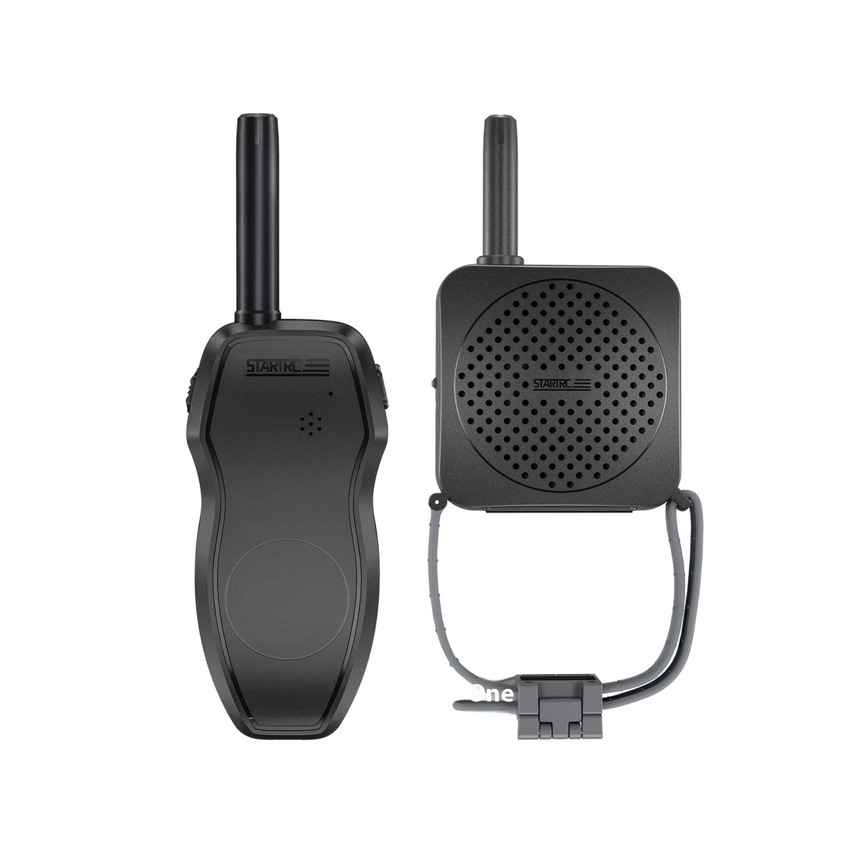 Black universal UAV megaphone speaker with walkie-talkie, loudspeaker 102x67.5x24mm and walkie-talkie 162x52x24mm