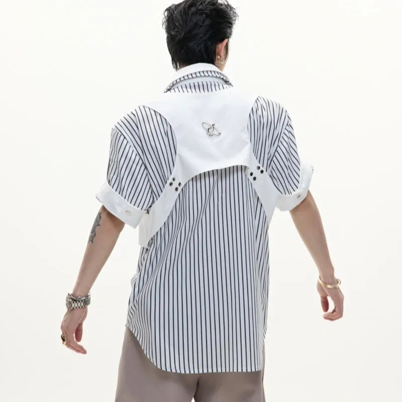 Men's black and white striped cotton shirt with double collar design and short sleeves, shown in loose fit