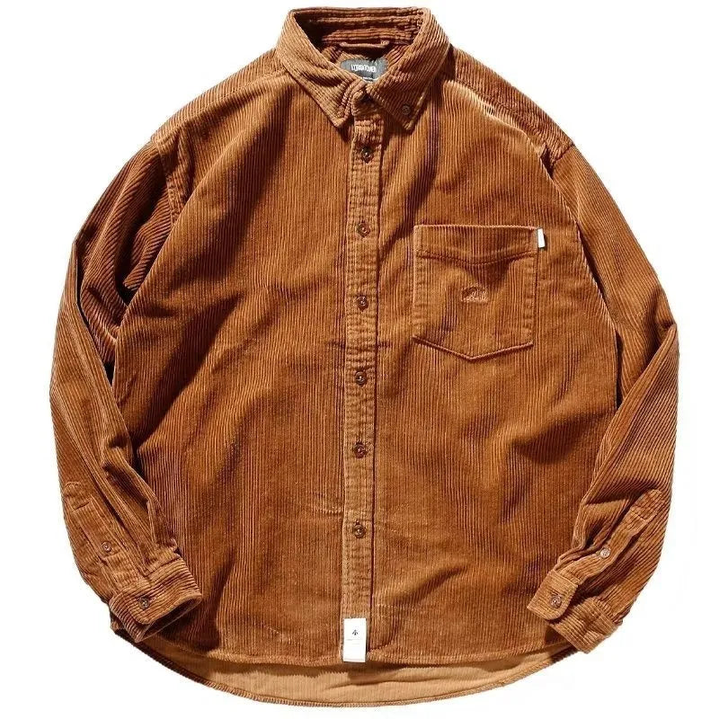 Long sleeve corduroy cardigan shirt in loose Hong Kong style, available in caramel and grey colours, sizes M to 2XL.