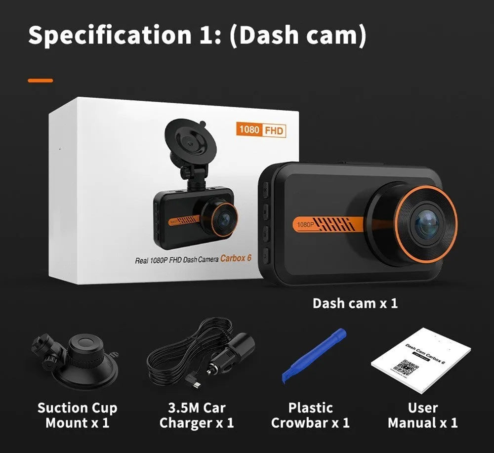 ThiEYE front and rear dash cam with 3-inch screen, suction cup mount, car charger, and waterproof rear camera