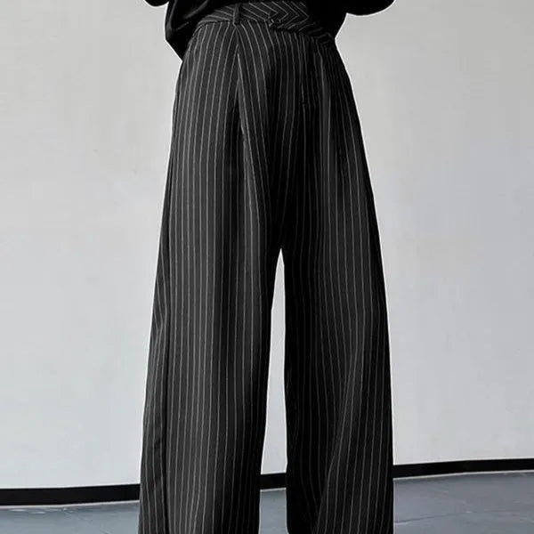 Men's black vertical striped pleated casual trousers showing high elasticity fabric and rabbit hair bamboo fibre blend