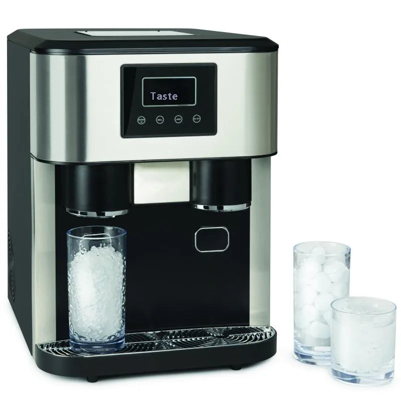 Black desktop ice maker machine with stainless steel interior on a kitchen countertop