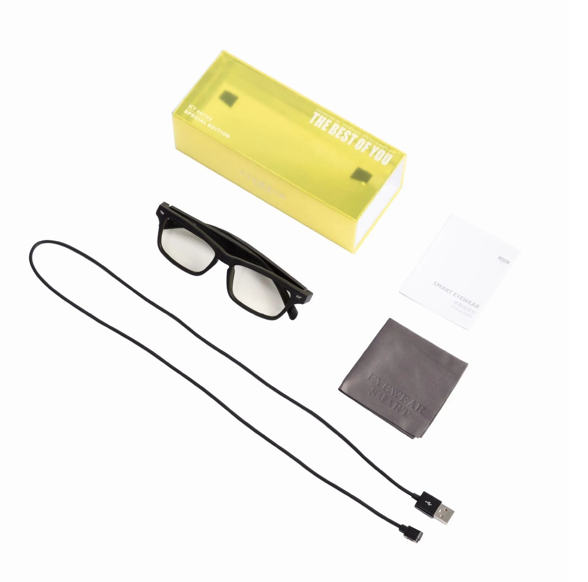 Smart glasses with semi-open Bluetooth audio, PC+ABS frame, anti-blue light lenses, and IPX7 waterproof rating for sports use.
