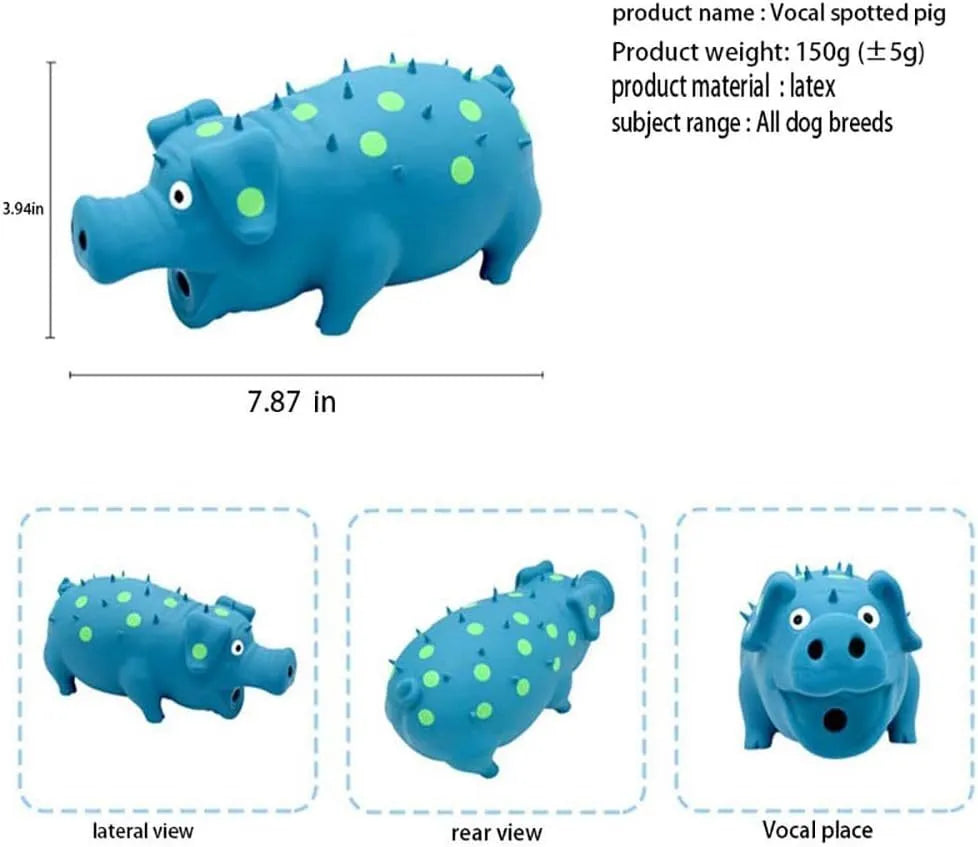 Latex pig-shaped dog chew toy in blue, green, orange, pink, purple, or yellow, with vocal system and teeth-grinding texture