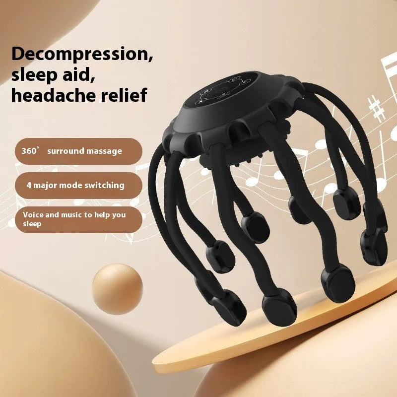 USB head massager with multiple vibrating claws in black or white colour options showing scalp placement