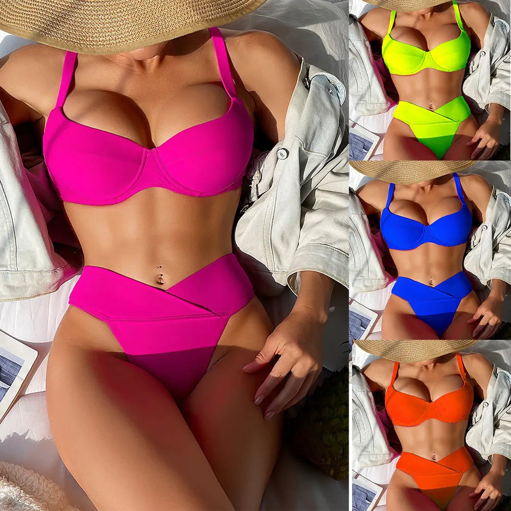 Bikini solid colour swimsuit in fluorescent shades and black, sleeveless design with briefs style for swimming