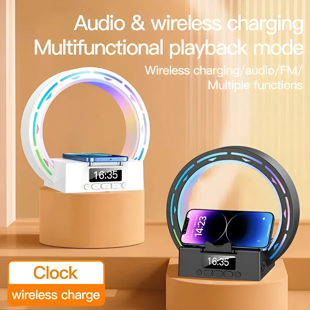 4-in-1 wireless Bluetooth speaker charging pad bedside lamp with digital alarm clock in black or white colour
