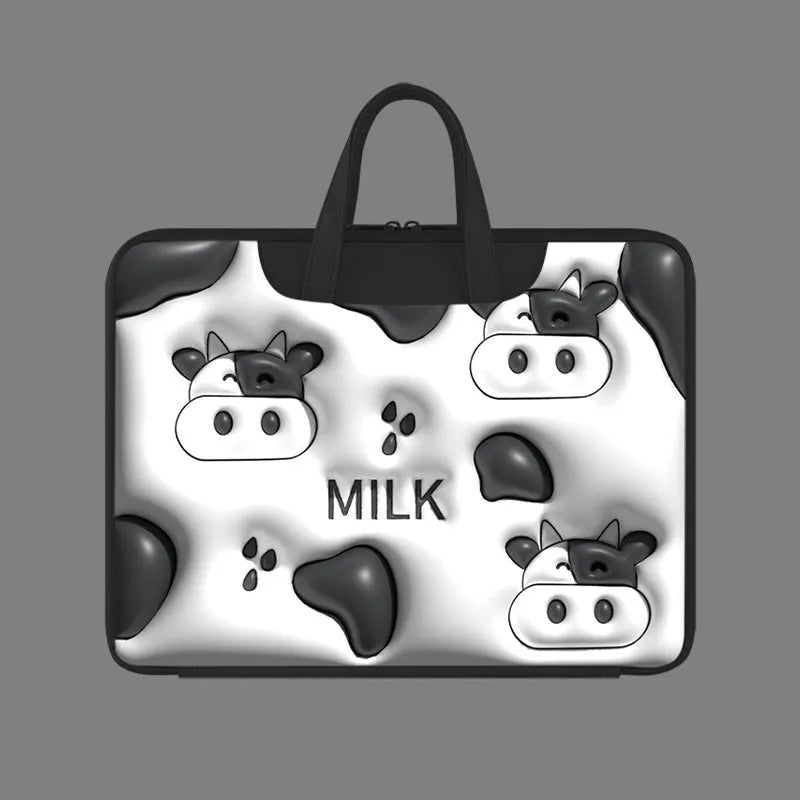 Inflatable laptop bag with hanging loop in PU leather showing cat beige design