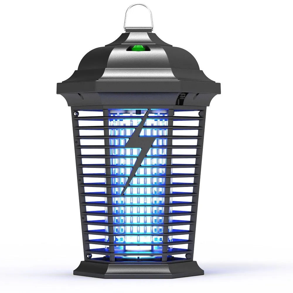 Black outdoor electric mosquito killer lamp with UV light and protective grid.