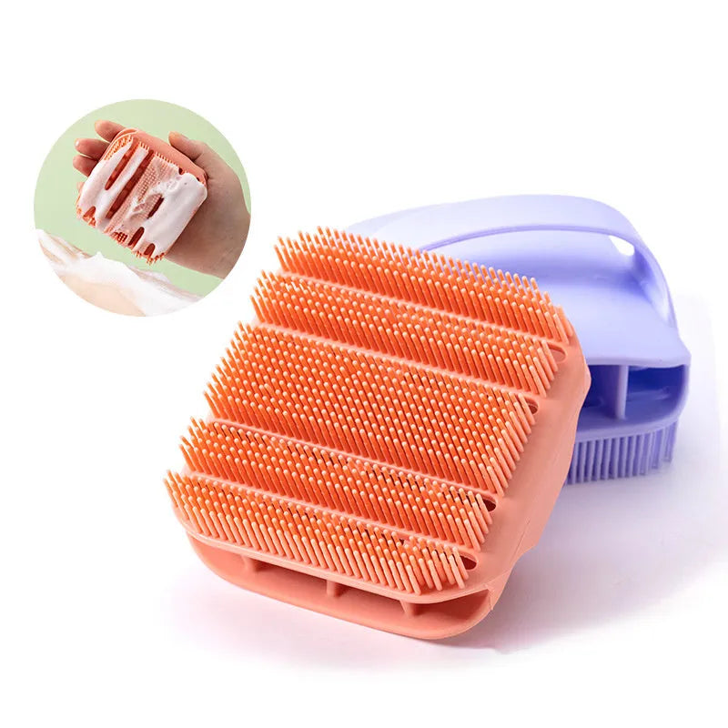 Blue silicone scalp massager brush with long bristles and a hand-through ergonomic handle.
