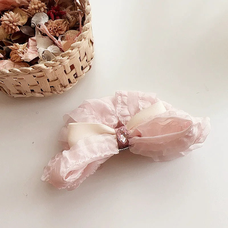 Children's pink retro bow hair clip with cloth ribbon bow and press clip for girls' hair