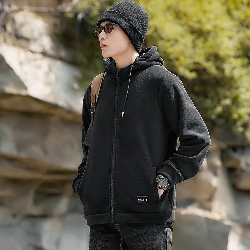 Men's hooded jacket in camel, black, or gray, loose fit with wool liner and long sleeves, sizes M-8XL