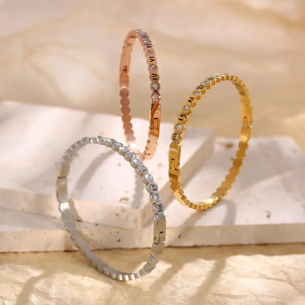 Korean-style titanium steel bracelet with numeric elements in gold, rose gold, or steel colour