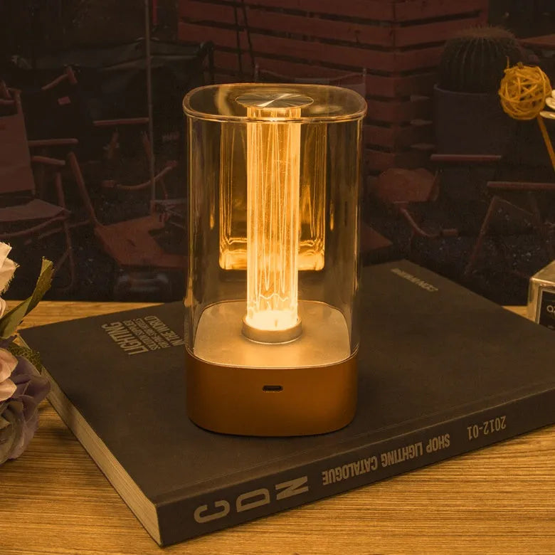 Rose gold touch-control LED bedside lamp with decorative conch pattern and USB charging cable