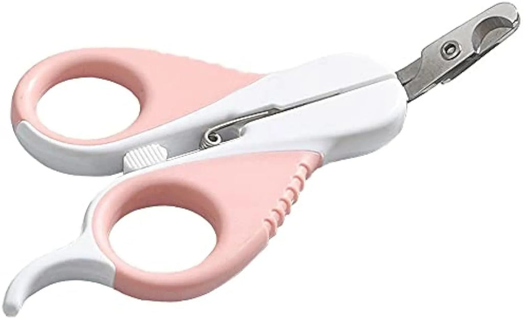 Grey and pink cat nail clippers with angled stainless steel blade and safety guard for pet grooming