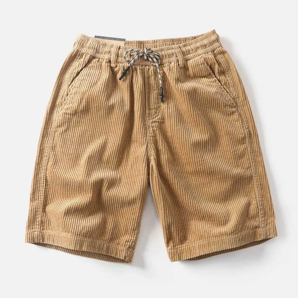Men's khaki cargo shorts with multiple utility pockets, straight-leg design, and retro American-style detailing