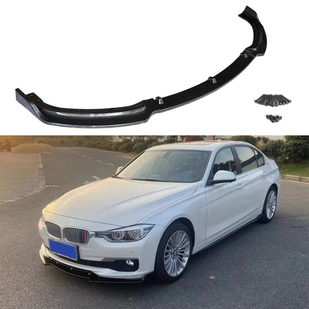 BMW F30F35 3 Series front bumper cover lip in bright black measuring 96cm x 10cm with polypropylene construction