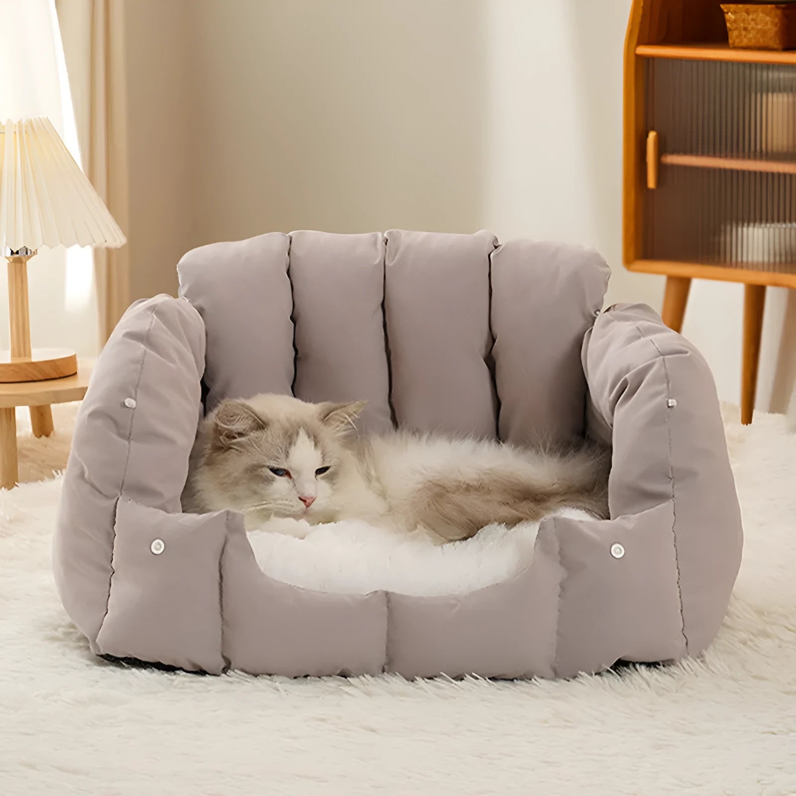 Dual-purpose arched pet bed showing enclosed cat nest section and open sofa-style area