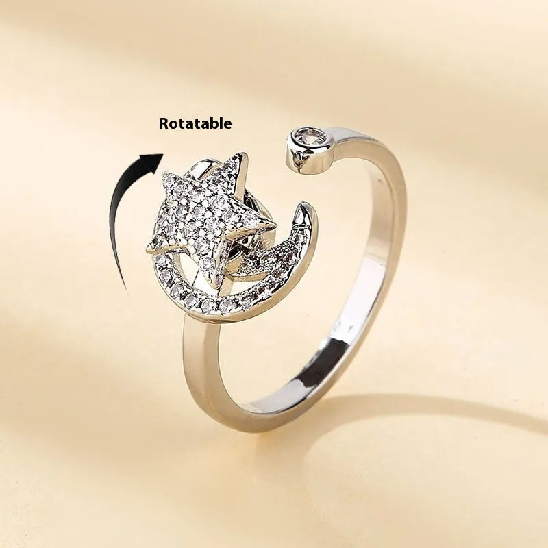 Gold micro-inlaid star moon anxiety ring with rotating zircon on adjustable copper band