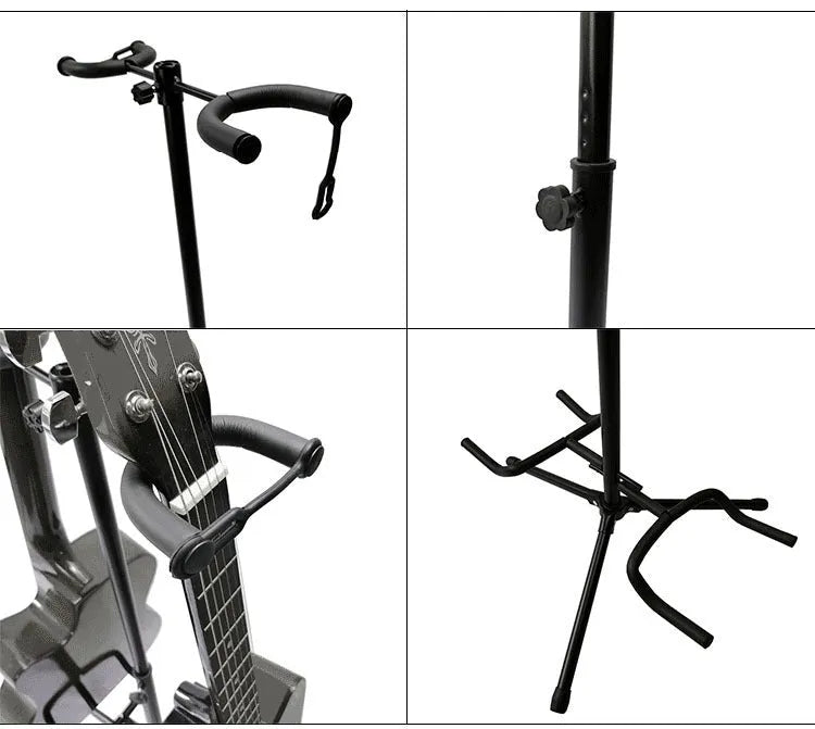 Black iron double-headed adjustable guitar stand holding two guitars with 360-degree rotating heads