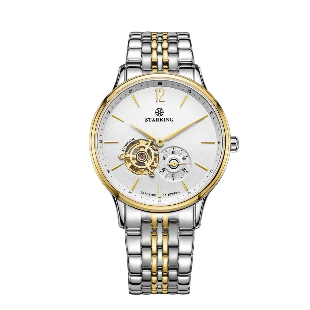 Automatic mechanical men's watch with brown leather strap, stainless steel case, and sapphire crystal glass on white background