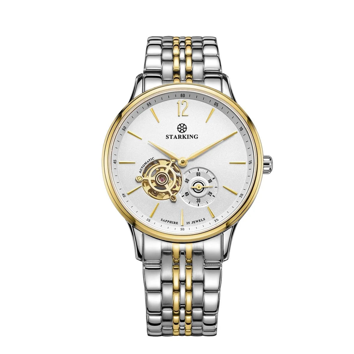 Automatic mechanical men's watch with brown leather strap, stainless steel case, and sapphire crystal glass on white background