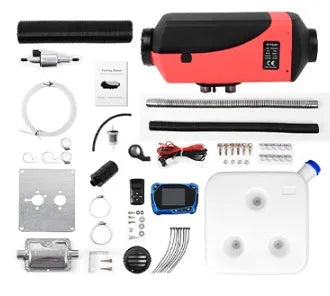 Red and black diesel air heater with metal exhaust pipe, oil pump, and 10L tank for vehicle heating
