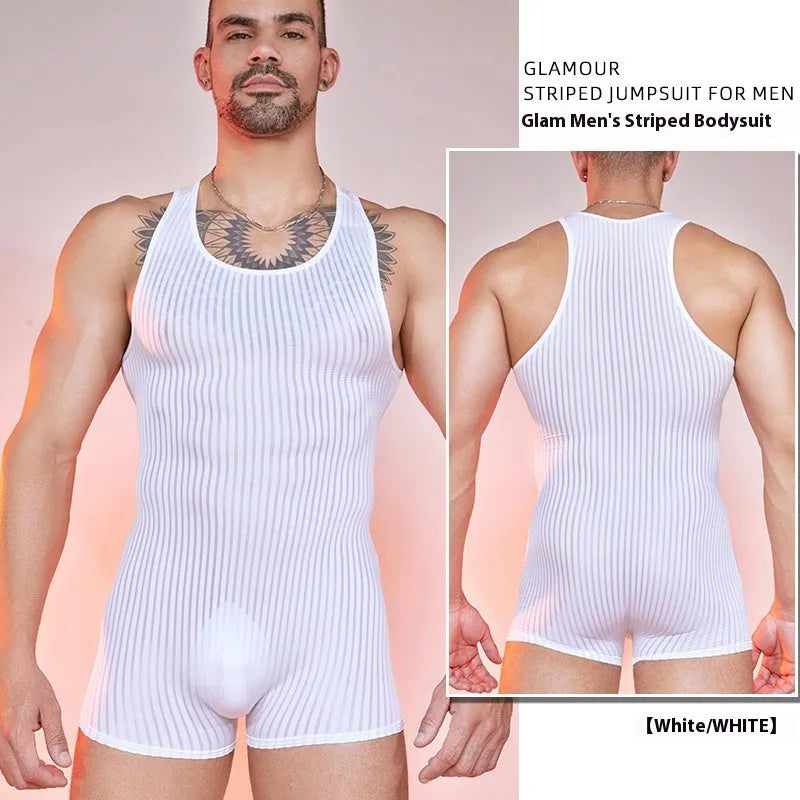 Men's striped jumpsuit in nylon fabric showing vertical pattern in available colours
