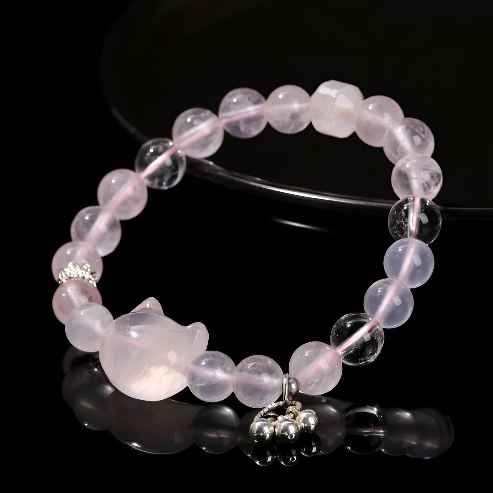 Handmade women's natural crystal bracelet with cat head design and geometric pattern