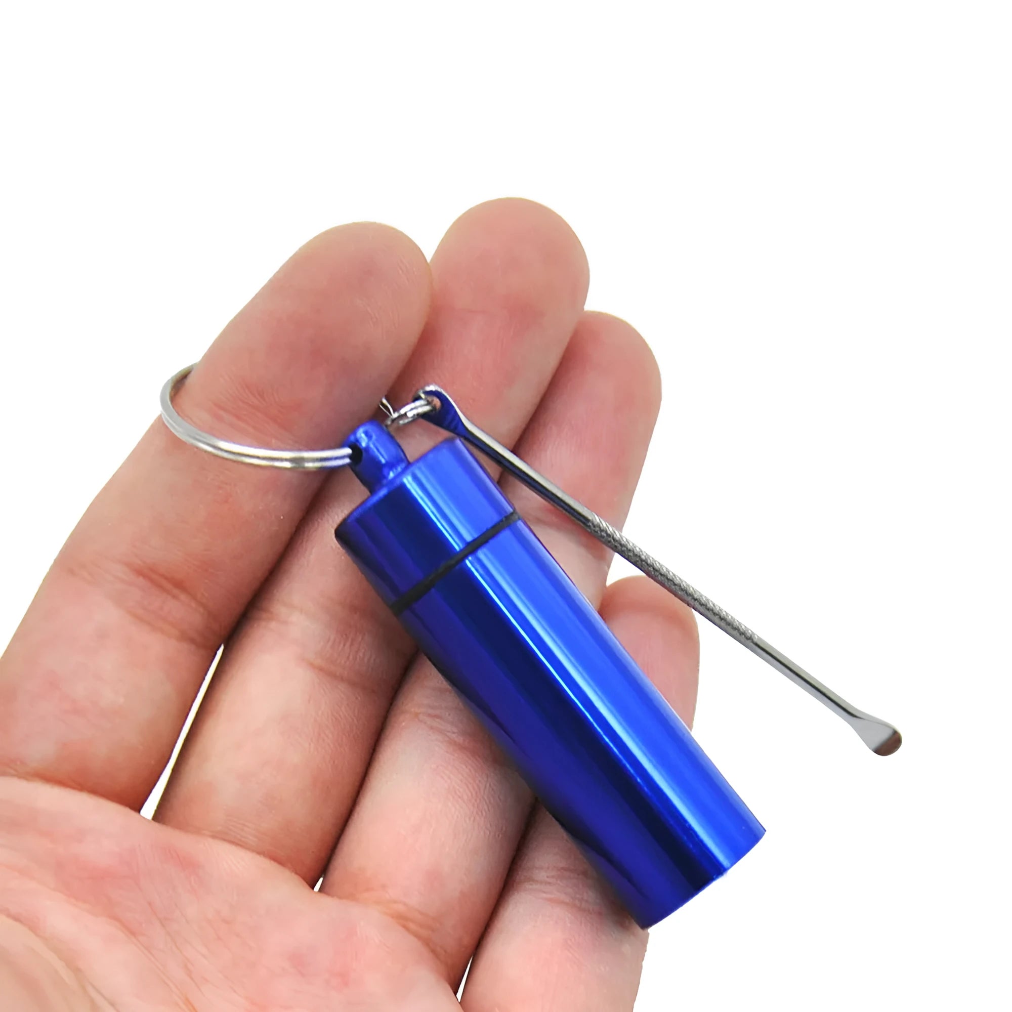 Blue aluminium portable pill box with attached spoon and keychain.