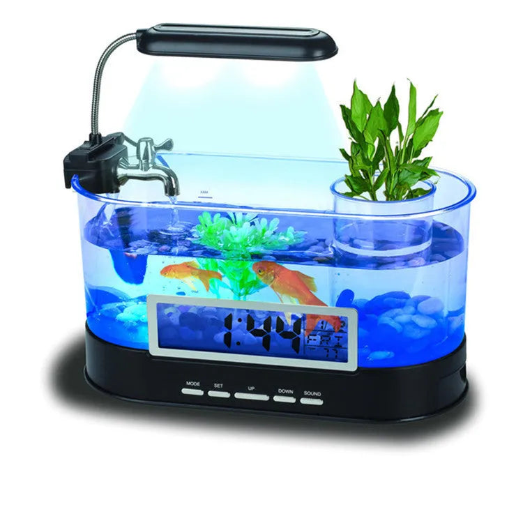 Black USB desktop mini aquarium pen holder with transparent tank and time, date, week, temperature display