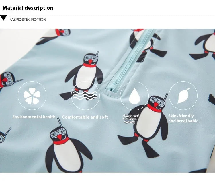 Boy's penguin print long sleeve swimsuit with matching swimming cap for beach sun protection