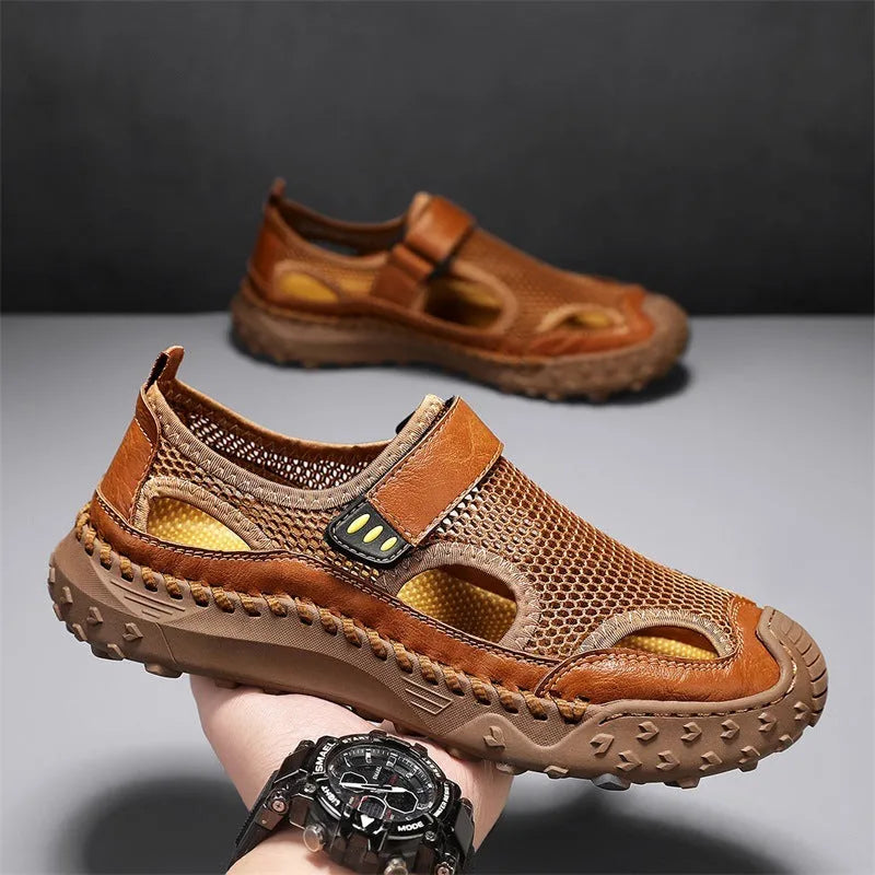 Men's black casual sandals with breathable mesh upper and Velcro straps