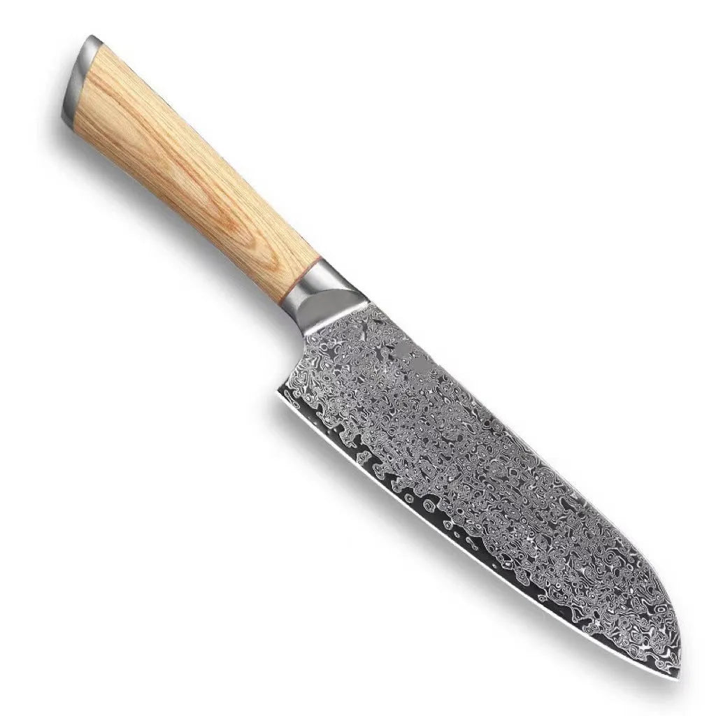 Damascus kitchen knife set with 12 stainless steel knives, 67-layer forging, and New Chinese style design on a wooden block