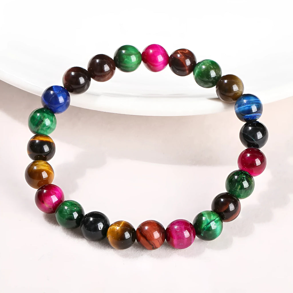Women's natural Tiger Eye beaded bracelet with colourful mixed stones in round shapes.