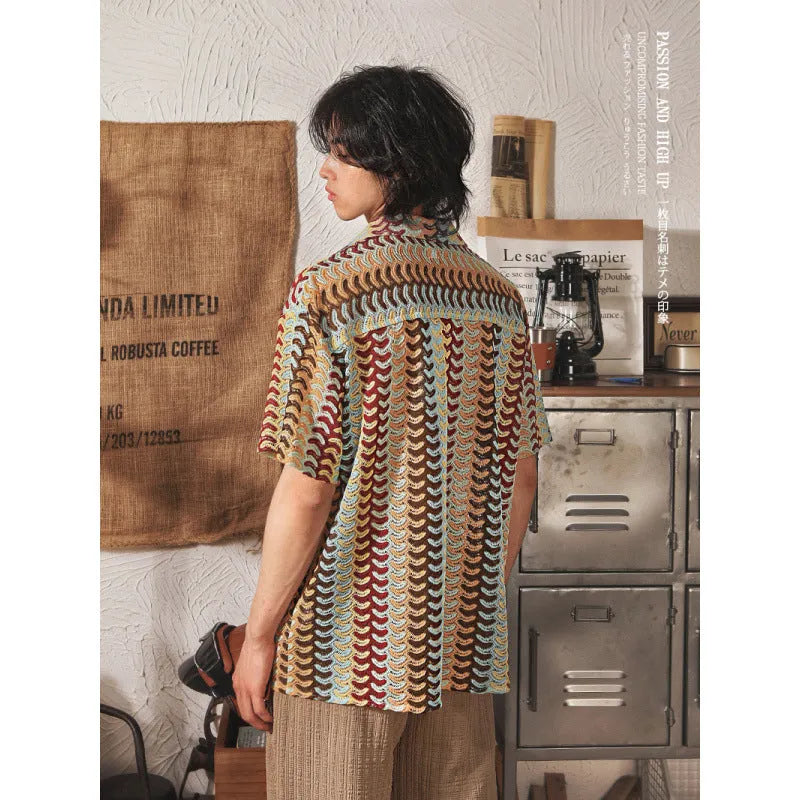 Japanese style Cuban collar short sleeve shirt with jacquard pattern in gray colour