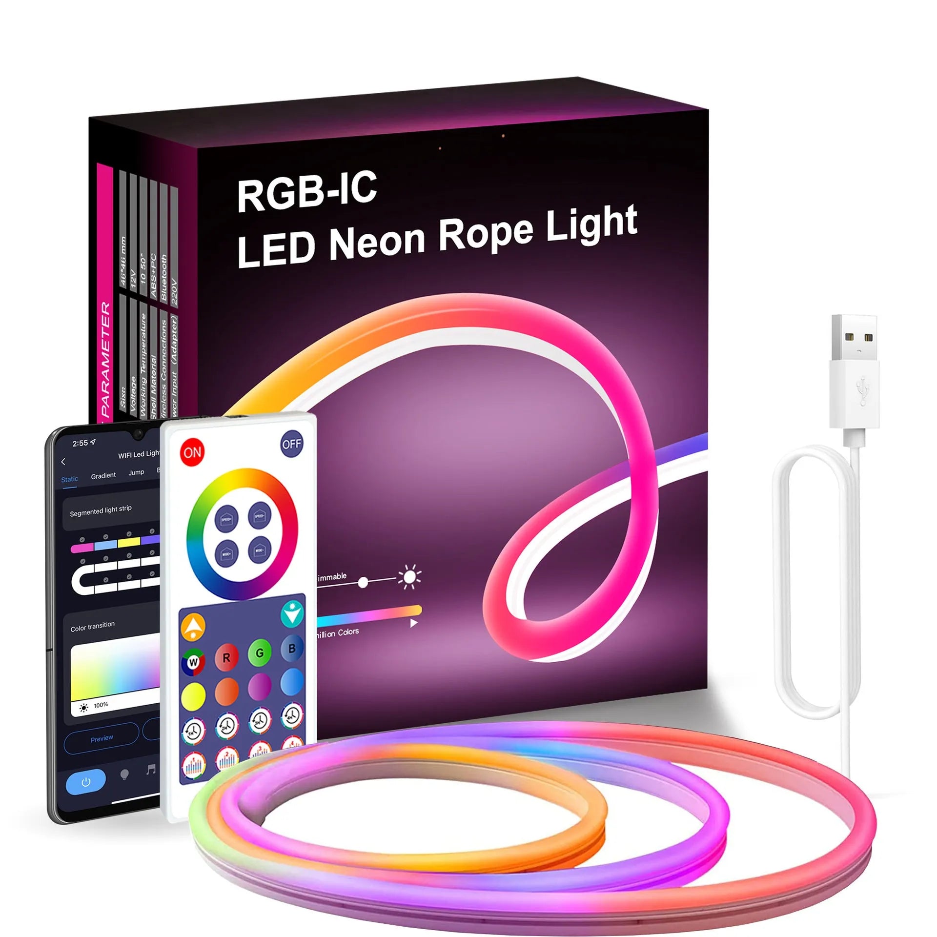 3-metre flexible RGB neon light strip with USB connector and remote control for interior lighting